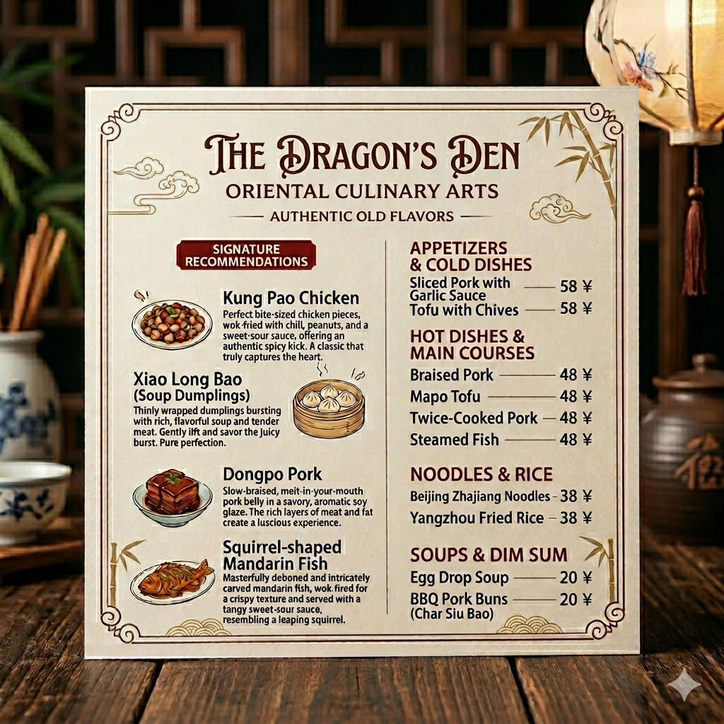 Restaurant menu translated to English with layout preserved